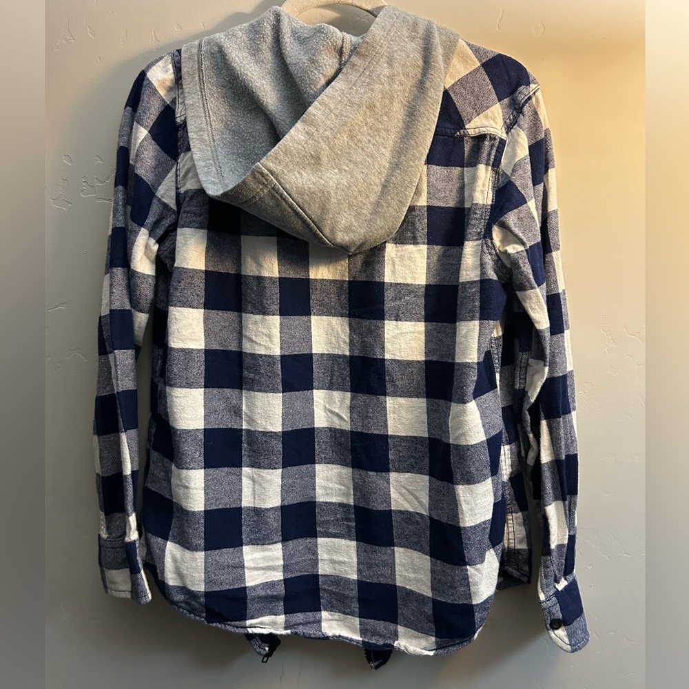 Boys Blue & White plaid long sleeve hooded zip up shirt size small - Picture 2 of 3